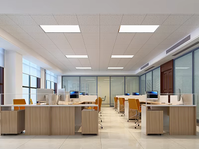 Modern Public Office Space With Desks Orange Chairs Computers Large Windows And Ceiling Lights 3d model