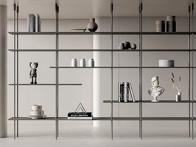 Modern Open Bookshelf With Metal Frame Displaying Books Decorative Sculptures And Plates 3d model