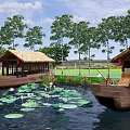 Picturesque Waterfront Landscape With Lotus Leaves Flowers Thatched Pavilions And Lush Trees