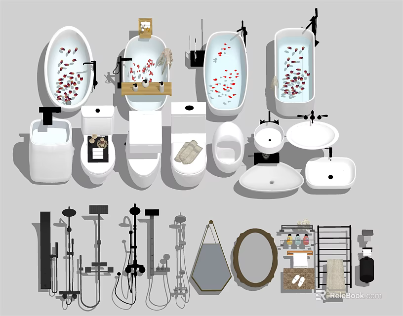 Bathroom Fixture Set With Bathtubs Toilets Sinks Showers Mirrors And Storage Shelves 3d model 