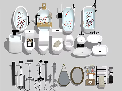 Bathroom Fixture Set With Bathtubs Toilets Sinks Showers Mirrors And Storage Shelves 3d model