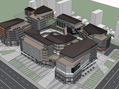 Modern Commercial Street With Multi Story Buildings Open Spaces And Green Areas 3d model