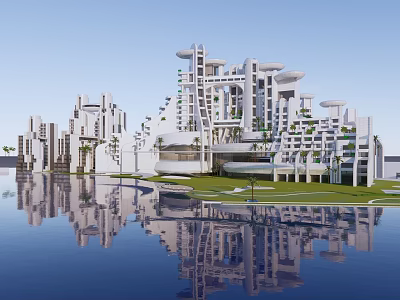 Modern White Hotel Building With Unique Architecture Water Reflection And Greenery 3d model