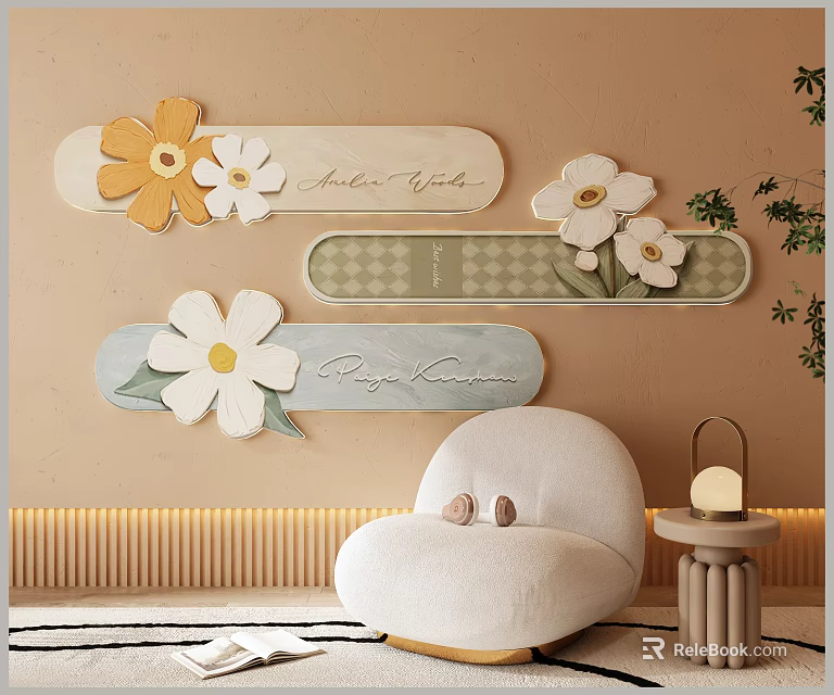 Cozy Modern Living Room With Wall Flower Decorations And Welcome Home Signs 3d model 