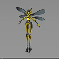 Yellow Humanoid Insect Like Creature With Blue Wings And Mechanical Body Structure