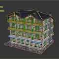 Three Story Wooden Building With Dark Roof Multiple Balconies And Stone Base