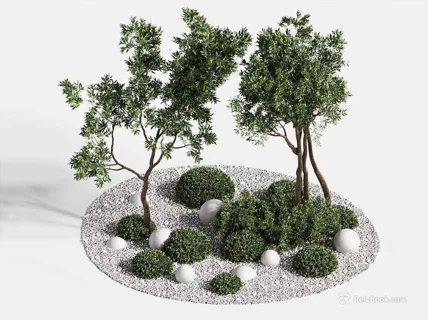 Lush Green Trees in Circular Gravel Garden with Shrubs and White Spherical Decorations 3d model 