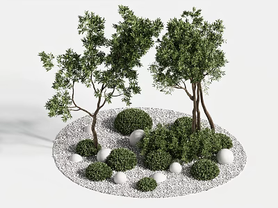 Lush Green Trees in Circular Gravel Garden with Shrubs and White Spherical Decorations 3d model