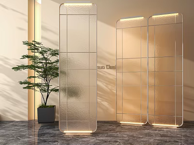 Modern Transparent Illuminated Room Divider in Interior With Potted Plant And Glass Panels 3d model