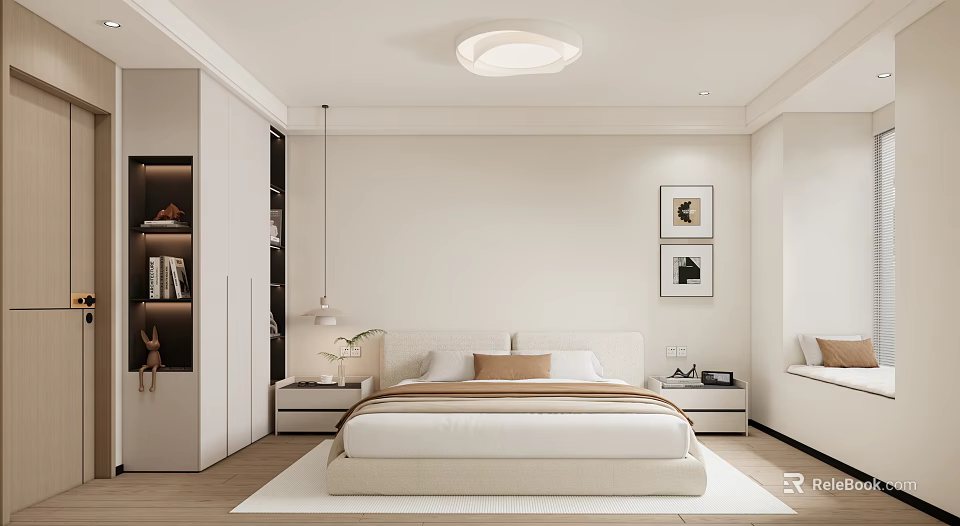 Modern Bedroom Interior Design With Bed Nightstands Wardrobe Ceiling Light And Wall Art 3d model