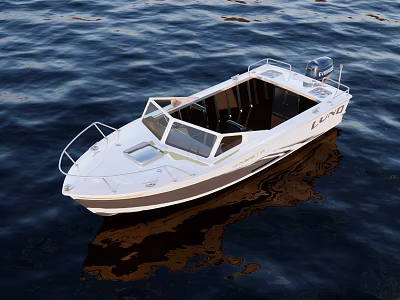 Modern White Motor Yacht Floating on Calm Blue Water With Open Cabin And Railing Design 3d model