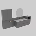 Modern Wall Mounted Washbasin Vanity with Round Mirror Gray Cabinet and Gold Faucet