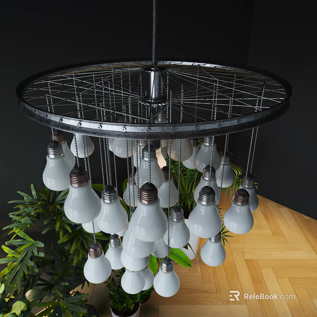 Modern Circular Frame Metal Chandelier With Hanging White Bulbs Green Plants And Wooden Floor 3d model 