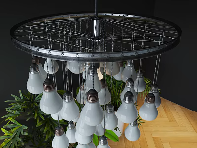 Modern Circular Frame Metal Chandelier With Hanging White Bulbs Green Plants And Wooden Floor 3d model