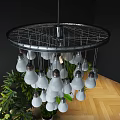 Modern Circular Frame Metal Chandelier With Hanging White Bulbs Green Plants And Wooden Floor