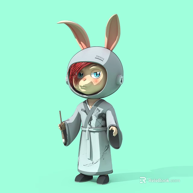 Cartoon Sculpture with Rabbit Ear Helmet Gray Robe Holding Small Stick on Light Green Background 3d model 