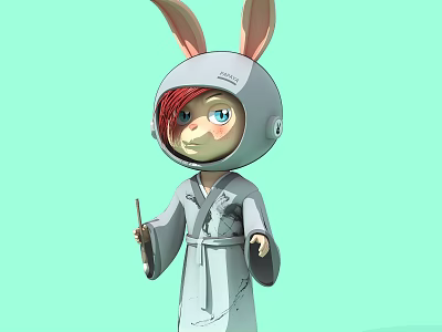 Cartoon Sculpture with Rabbit Ear Helmet Gray Robe Holding Small Stick on Light Green Background 3d model