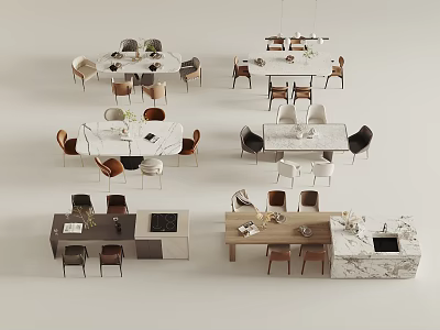 Modern Dining Table Set with Various Shapes Matching Chairs and Wooden Tabletop 3d model