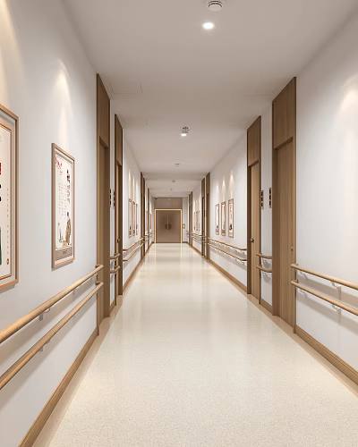 Bright Clean Elevator Hallway With Wooden Frames Handrails And Wall Paintings 3d model