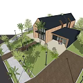 Modern Detached Villa With Wooden Exterior Glass Doors Palm Trees And Brick Pathway