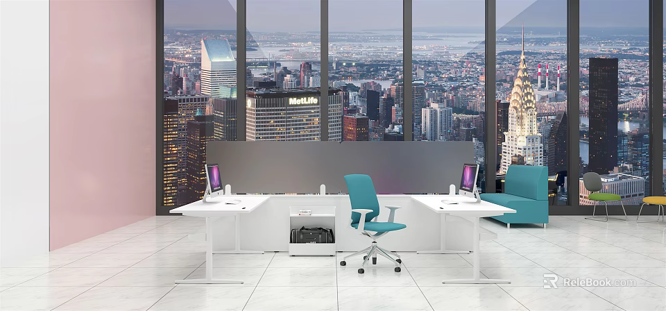Modern White Office Desk Setup With City View Through Large Windows Green Chair and Laptop 3d model 