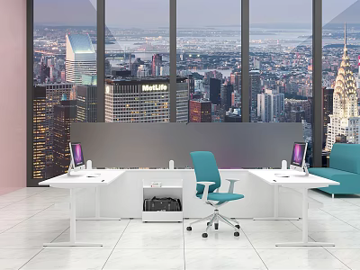 Modern White Office Desk Setup With City View Through Large Windows Green Chair and Laptop 3d model