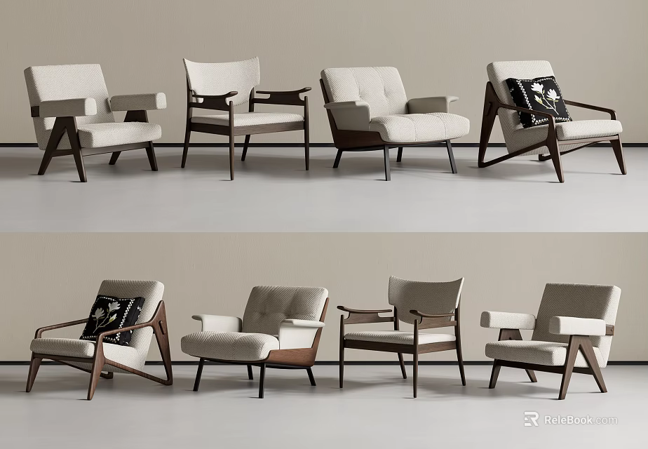Modern Leisure Chairs With Wooden Frames And Upholstered Seats In Various Styles 3d model 