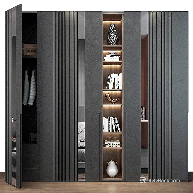 Modern Dark Storage Cabinet With Layered Shelves LED Lighting And Decorative Items 3d model 