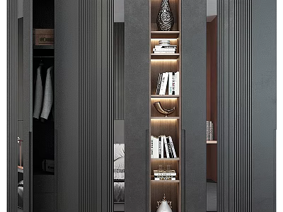 Modern Dark Storage Cabinet With Layered Shelves LED Lighting And Decorative Items 3d model