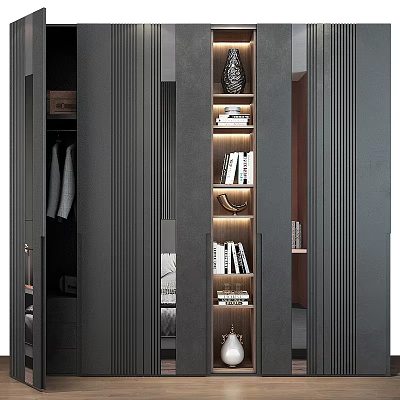 Modern Dark Storage Cabinet With Layered Shelves LED Lighting And Decorative Items 3d model