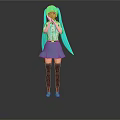3D Anime Character With Turquoise Long Hair Red Bow Tie And Blue Skirt