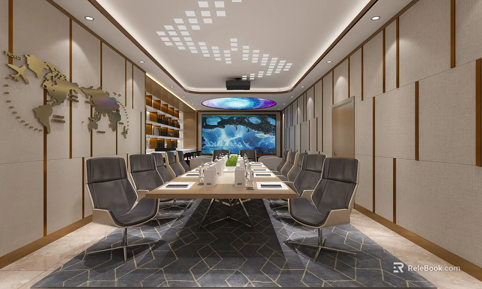 Modern Conference Room with Long Table Chairs Projection Screen World Map Bookshelves and Ceiling Lighting 3d model 
