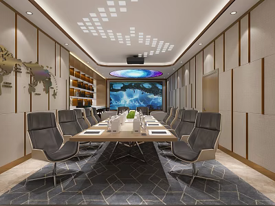 Modern Conference Room with Long Table Chairs Projection Screen World Map Bookshelves and Ceiling Lighting 3d model
