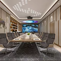 Modern Conference Room with Long Table Chairs Projection Screen World Map Bookshelves and Ceiling Lighting