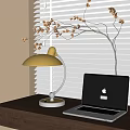 Yellow Shade Desk Lamp With Silver Stand On Wooden Desk Near Laptop And White Blinds
