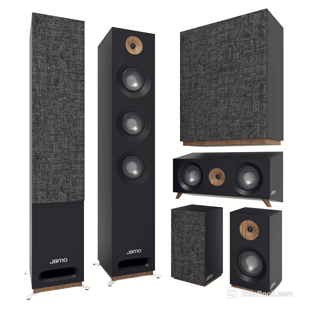 Jamo Floor Standing And Bookshelf Speakers With Fabric Grilles Wooden Base Modern Design 3d model 