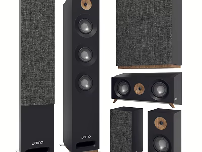Jamo Floor Standing And Bookshelf Speakers With Fabric Grilles Wooden Base Modern Design 3d model