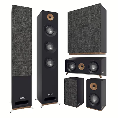 Jamo Floor Standing And Bookshelf Speakers With Fabric Grilles Wooden Base Modern Design 3d model
