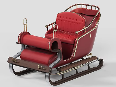 Red Vintage Sled With Button Tufted Leather Seats Metal Railings And Wooden Runners 3d model