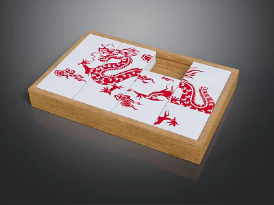 Wooden Building Blocks Puzzle Set With White Pieces And Red Dragon Patterns 3d model
