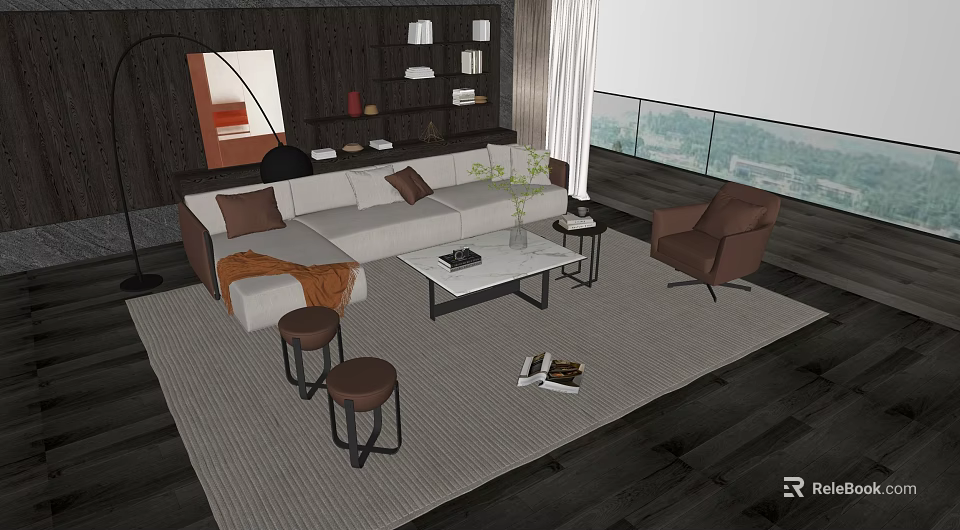 Modern White Sofa Coffee Table Set With Brown Cushions Orange Throw Stools 3d model