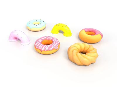 Colorful Frosted Donuts With Sprinkles And Assorted Shapes On White Surface 3d model