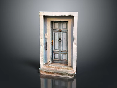 Traditional Wooden Double Entrance Door With White Frame And Stone Steps 3d model