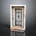 Traditional Wooden Double Entrance Door With White Frame And Stone Steps