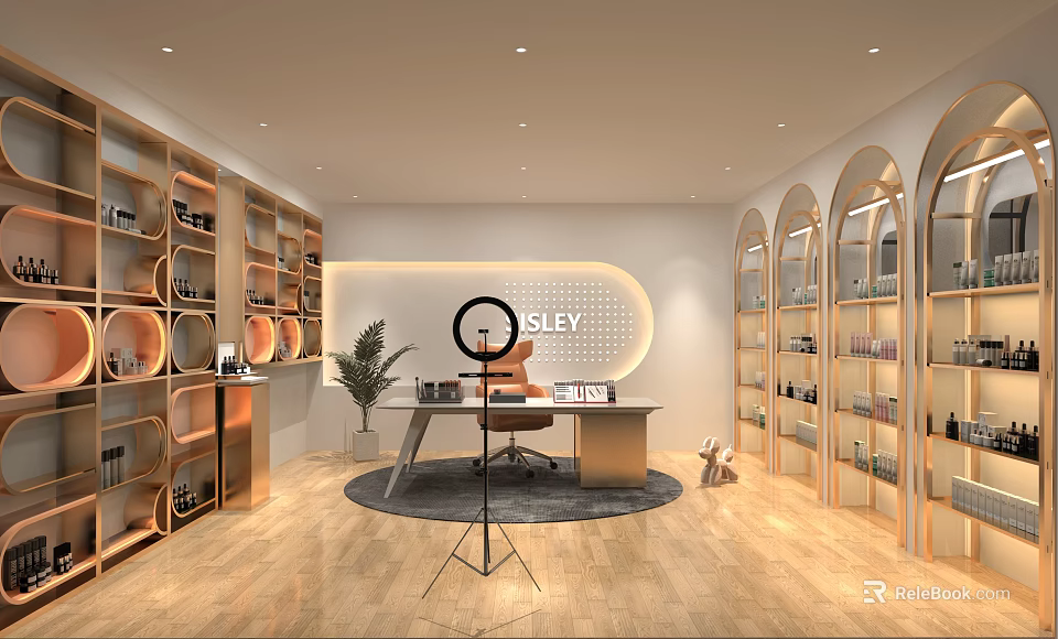 Modern Public Office Space With Open Layout Bookshelves And Green Plants 3d model 