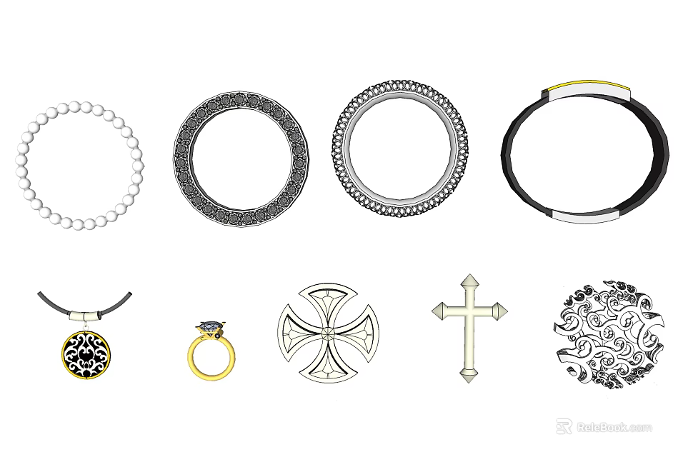 Elegant Jewelry Collection Featuring Pearl Necklace Ornate Rings Cross Pendants And Black Chokers 3d model 