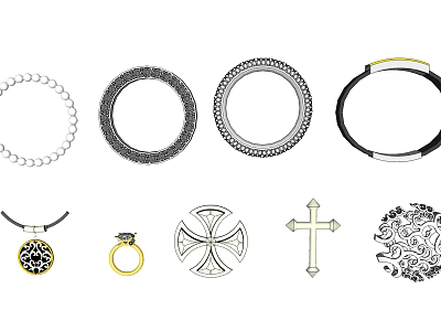 Elegant Jewelry Collection Featuring Pearl Necklace Ornate Rings Cross Pendants And Black Chokers 3d model