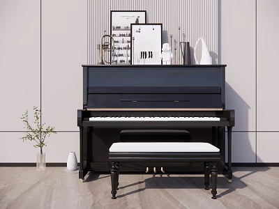 Classic Musical Instruments And Art Supplies Interior With Black Piano Bench Framed Art And Vases 3d model