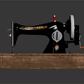 Vintage Hardware Sewing Machine With Black Body Colorful Decorations And Wooden Base