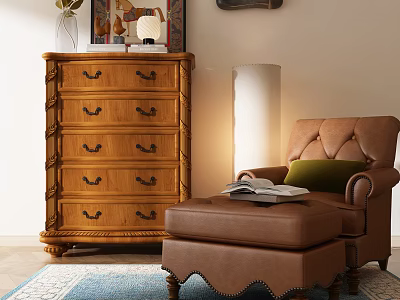 Ornate Wooden Chest of Drawers With Leather Chair Ottoman And Wall Art In Living Room 3d model